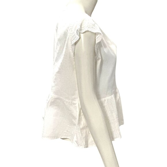 CCC White Cotton V Neck Peplum Crop Top Lace Cap Sleeves Size Medium Boho Chic - Picture 4 of 8
